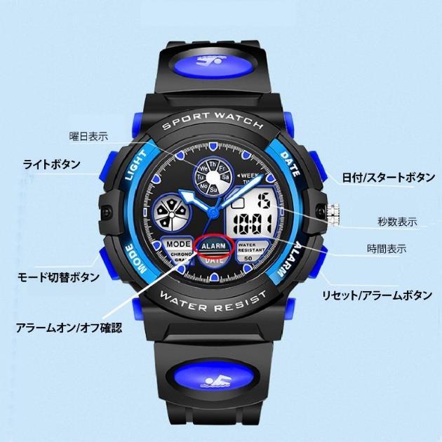 キッズ腕時計のボタンの名前：ライトボタン（LIGHT）・日付/スタートボタン（DATE）・モード切替ボタン（MODE）・リセット/アラームボタン（ALARM）・曜日表示・アラームオン/オフ確認